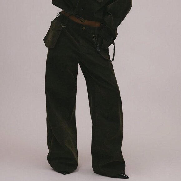 Army Green Casual Women's Velvet Denim Looped Hook On Pocket Detail Jeans